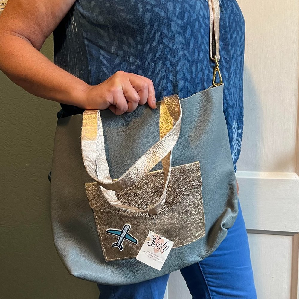 NEW Sseko Custom Blue & Rose Gold Travel Tote Leather Bag